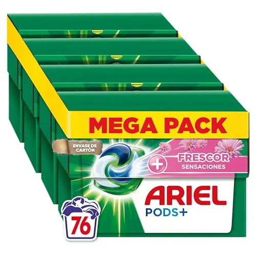 ARIEL PODS Todo en 1 Detergente Lavadora Liquido en Capsulas/Pastillas, 76 Lavados (4x19), Jabon Limpieza Profunda, Mas Frescor Sensaciones, El embalaje puede variar