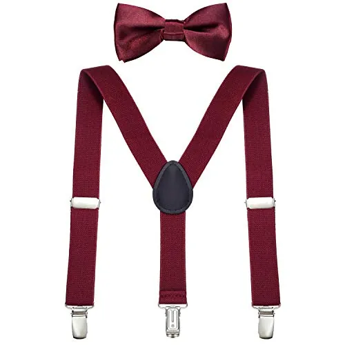DonDon Set de Tirantes y Pajarita para Niño Rojo oscuro Elástico y Ajustable por Longitud para Niños de 1 - 8 Años