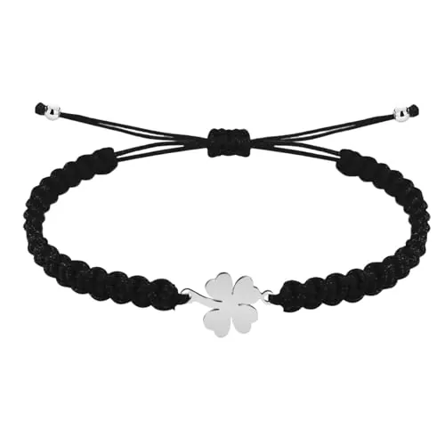 cotigo Pulsera Hilo Destino con Simbolos de acero inoxidable, amuletos de proteccion y suerte, Amuletos contra el mal de ojo - Pulsera Mujer/Pulsera Hombre (TREBOL NEGRO PLAT)