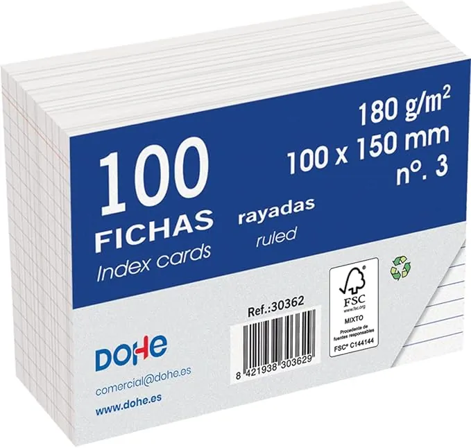 Dohe - Fichas Rayadas de Cartulina (100 uds.) - Tarjetas para Escribir Notas, Tamaño A6 (15x10 cm), 180 gr/m², N.º 3, Material de Oficina - Color Blanco