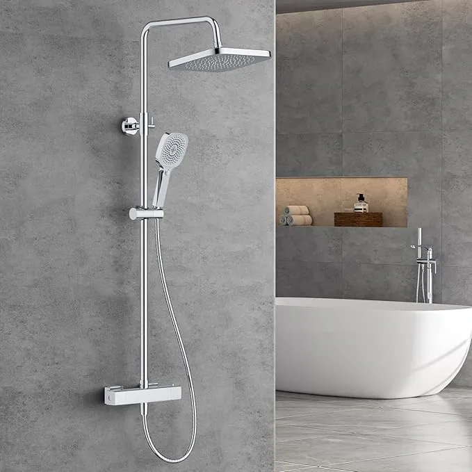 FORIOUS Set Grifo de Ducha Termostático, Set Columna de Ducha de Acero Inoxidable con Ducha de Lluvia Overhead Cuadrada de 25 cm, Ducha de Mano con 3 Tipos de Chorro,Barra de Ducha Ajustable en Altura