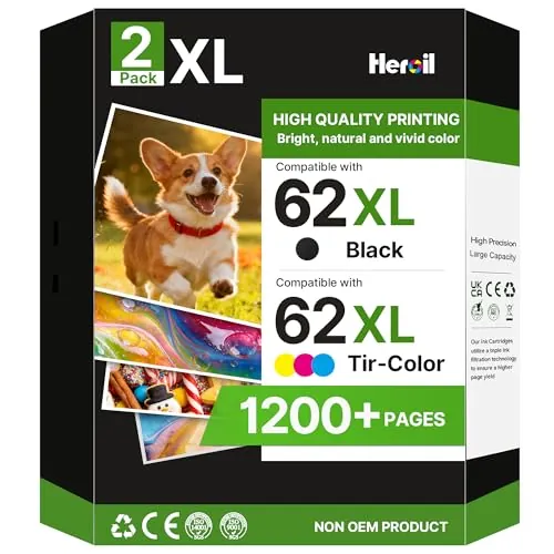 62XL Tinta Repuesto para HP 62 Negro y Color Cartucho para Envy 5540 5642 | Cartuchos 62 XL para HP 62 para Envy 5640 5547 5640 7640 5644 5646 Officejet 200 250 5740 5742 5744 (Negro y Color, 2-Pack)
