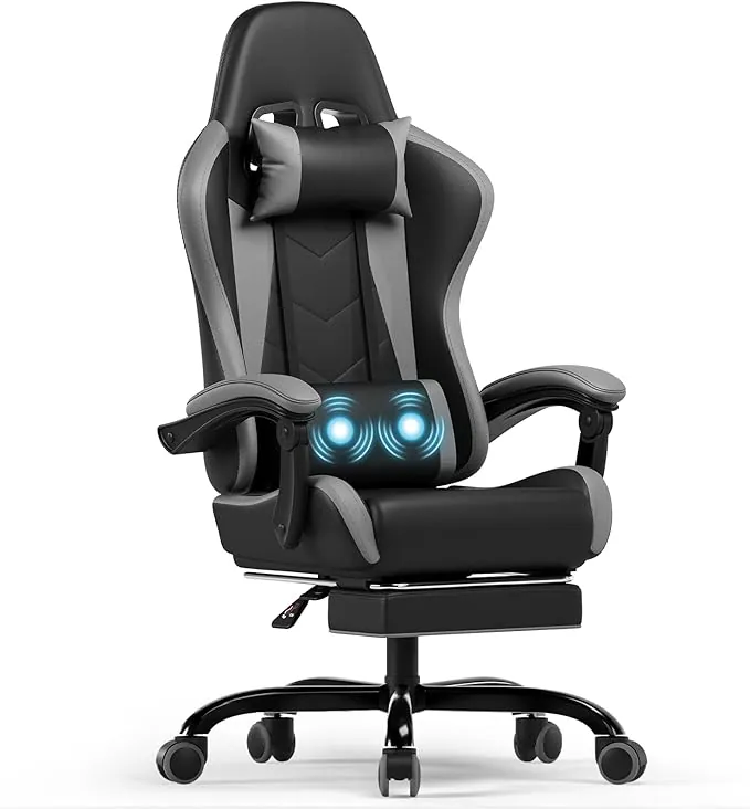 Devoko Silla Gaming con Masajeador, Silla Oficina con Reposapiés, Silla Juego de Carreras con una Carga de 150kg, Respaldo Ajustable Alto Silla Ergonomica de Juegos Reclinable 90-135°(Gris)
