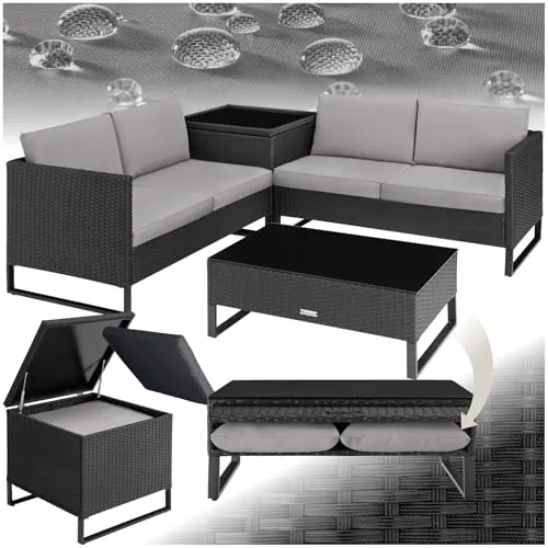 TecTake® Conjunto Jardín de Ratán con Cojines Gruesos, Muebles Jardín Exterior 2 Sofás, 1 Mesa Cristal, 1 Caja Almacenamiento, Conjunto Terraza Resistente a la Intemperie, Estructura en Acero - Negro