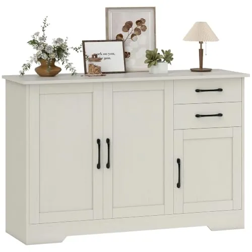 HOMCOM Aparador 3 Puertas 2 Cajones Estante Ajustable Crema 120x38x79 cm | Aparador para Salón Rústico Moderno, Bisagra Cierre Suave, para Comedor Entrada Dormitorio
