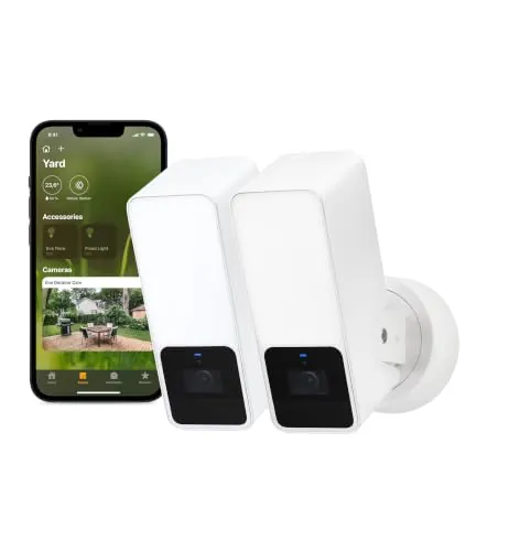 Eve Outdoor CAM (White Edition) Lote de 2– Cámara Segura con Foco, Máxima Seguridad y Privacidad (HomeKit Secure Video), Visión Nocturna, Wi-Fi, Sensor de Movimiento, Comunicación Bidireccional