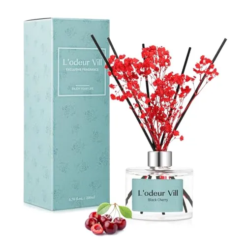 L'odeur Vill 200ml Difusor de con Flores secas/Cereza/Ambientadores de Hogar, con 6 Palos difusores de Ambientador Varillas/difusor de Aromas/para Decoración de Baños y Estanterías.