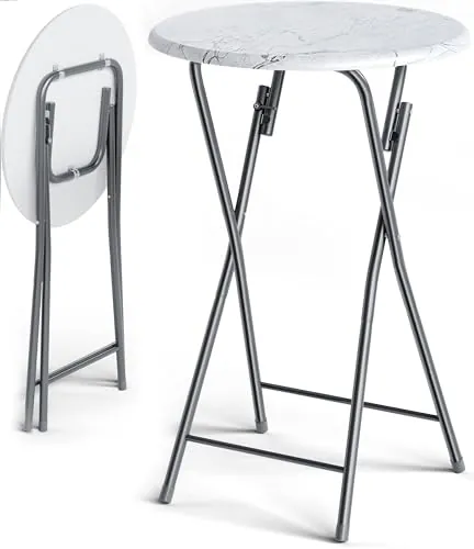 CASARIA Mesa Bar Alta Plegable Redonda 60x110Cm Aspecto Mármol Blanco | Tablero MDF, Estable, Estructura Metal, Patas Antideslizantes, Fácil Limpieza, Bistró, Eventos, Matrimonios