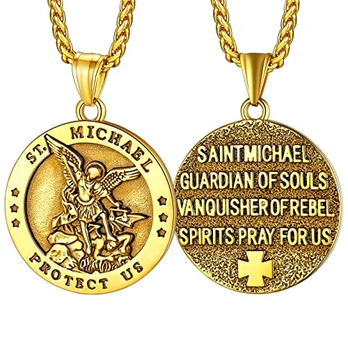 FaithHeart Collar Oro 18K San Miguel Arcangel Colgante Acero Inoxidable 316L Medalla Dorada Santo Patrón Hombre Amuleto Protección Bolsillo