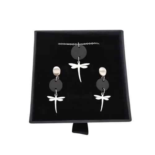 Sandra Complements - Pendientes Libélula y Collar Libélula - Conjunto de joyas para mujer Libélula - Pendientes de acero para mujer y Collar a conjunto (Negro-Plata)