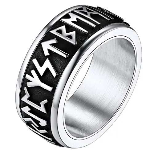 FaithHeart Anillo Runas Vikingas Hombre Acero Inoxidable 316L Giratorio Banda Ancha Nórdico Germánico Talla 9 Runas Alfabéticas Joyería Vintage Amuleto Protección