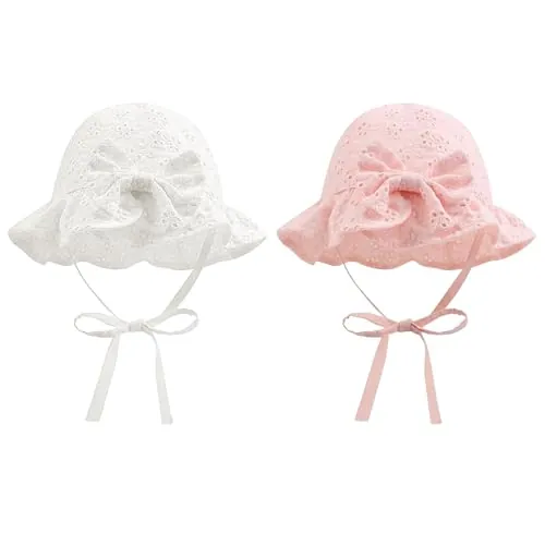 MLPKOI 2 Pcs Sombrero de Sol para Bebé, Gorro de Encaje para Bebé o Niña Ajustable Bucket Sun Hat Diseño de Nudo Gorra de Playa para Niños Pequeños Niñas