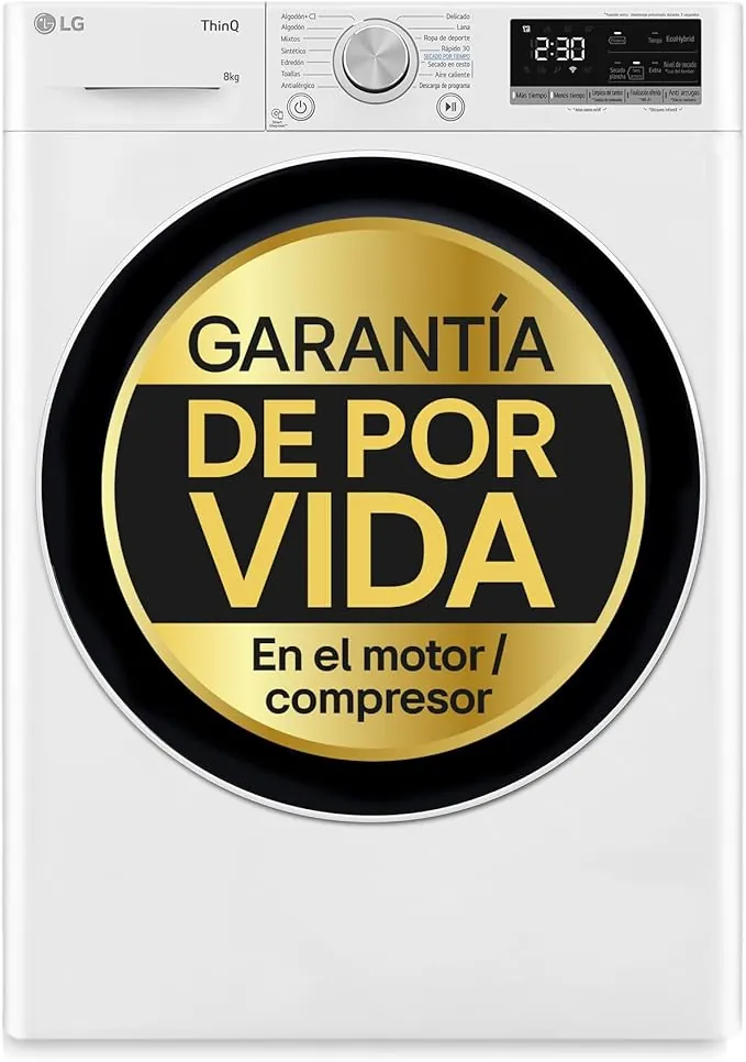 LG RH80V9AV4N - Secadora de Ropa, 8kg, Bomba de Calor y Carga Frontal, Clasificación C, Compresor Dual Inverter, Función Eco Hybrid, Limpieza Automática, Secadora LG Serie 900, Color Blanco