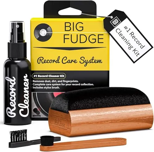 BIG FUDGE Set Limpiador Vinilos Discos - Kit Limpieza Vinilos Discos 4en1 - Cepillo de Terciopelo para Disco y Otro para la Aguja - Solución Limpiadora y Bolsa de Almacenamiento - Vinyl Cleaning Kit