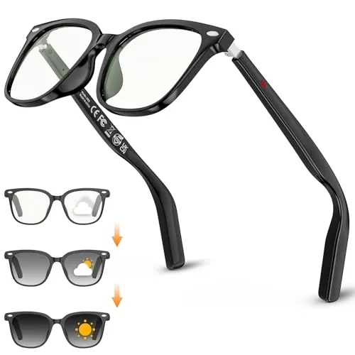 Mingtawn Gafas Inteligentes Hombre Mujer, Gafas IA con Llamadas Bluetooth/Música/Traducción, Gafas de Sol con Lentes Fotocromáticas, Smart Glasses 32g Ultraligeras, Negro