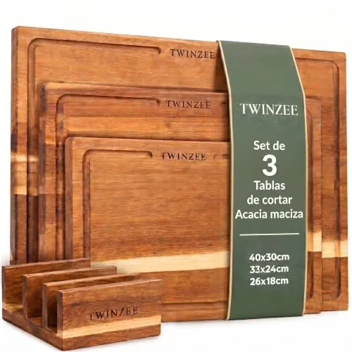 Twinzee Juego de 3 Tablas de Cortar Acacia - Tabla Madera Canal Jugos