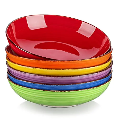 vancasso Bonita 6 Cuencos para Pasta, 1140 ml, Pintados a Mano de Estilo Colores, Platos de Cerámica de 21,6cm, Juego de Cuencos de Cena para Sopa, Ensaladas, Apto para Lavavajillas y Microondas