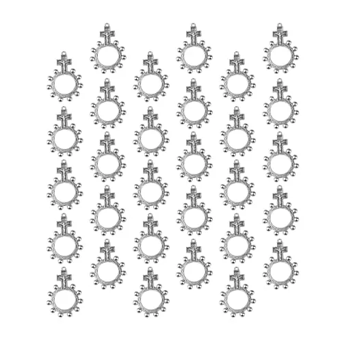 jojnsha Juego de 30 anillos de rosario católico con crucifijo pequeño, rosarios de dedo de bolsillo, joyería religiosa, 15*10*2cm, Zinc