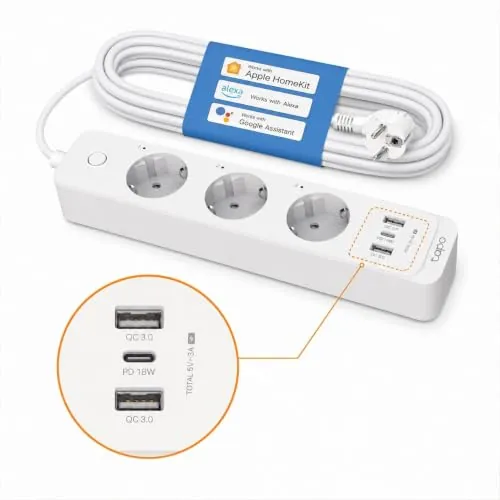 Tapo P300-Enchufe inteligente WiFi, 3 Enchufes y 3 USB,Carga rápida de 18 W