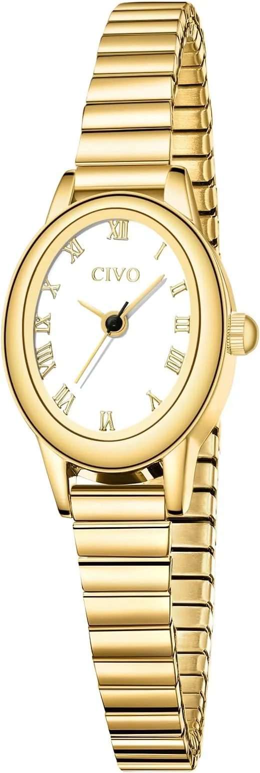 CIVO Reloj Mujer Dorado Vintage: Elegante Pequeño Caja Ovalada Esfera Romana Analógico - Correa Elástica Regalos para Madre Esposa