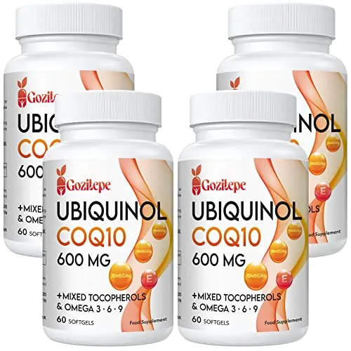 Ubiquinol CoQ10 600 mg cápsulas blandas con Omega 3, 6, 9 y vitamina E, 30 raciones Suplemento de coenzima Q10 para una mayor absorción (60 unidad (Paquete de 4))