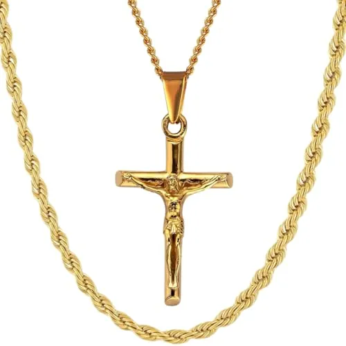 DVRK® Pack 2 Collares Hombre Oro 18k con Base Acero Inoxidable 316L - Conjunto Cadena Oro Hombre Cordón y Collar Colgante Crucifijo Resistentes al Agua - Cruz, Regalos