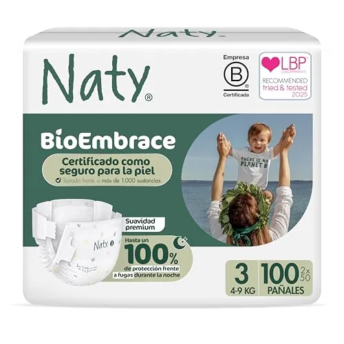 Naty BioEmbrace Pañales Bebé | Seguros para piel sensible | Protección antifugas hasta 100% | Suavidad vegetal | Sin cloro | Talla 3 (4–9 kg), 100 unidades