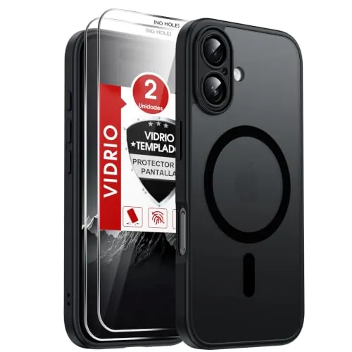 LeYi Funda Magnética para iPhone 16 con 2× Cristal Templado, Negro | Compatible con MagSafe Mate Carcasa Translúcido Esmerilado Grado Militar Antigolpes Case