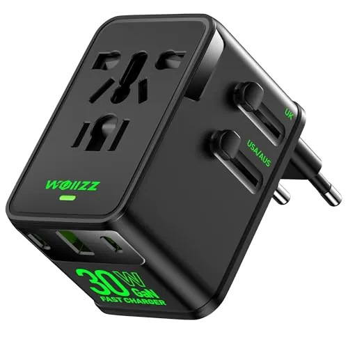Adaptador de Viaje, Cargador Universal Mundial con Enchufe Europeo GAN 30W, 4 Puertos (1 AC, 1 USB-A, 2 USB-C), para USA, Europa, Reino Unido, Australia, Japón, Negro