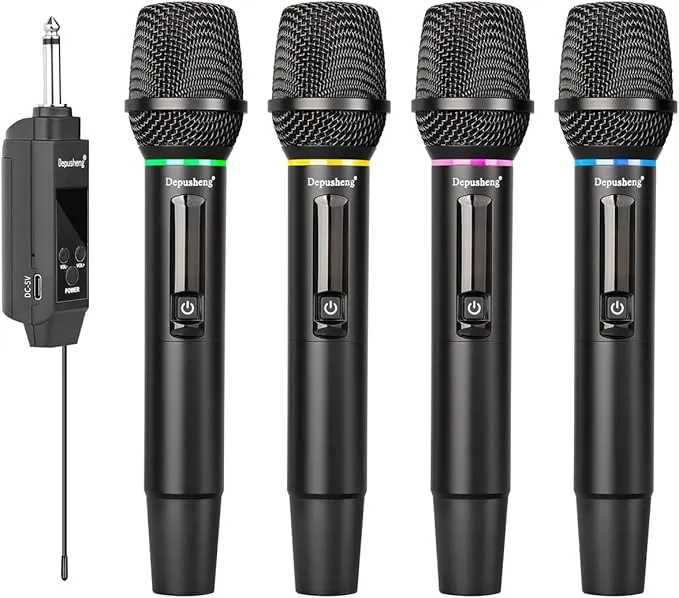 Depusheng Micrófono inalámbrico S2, micrófono dinámico de Mano, micrófono de Karaoke con Receptor Recargable para Bodas, Iglesias y Clubes