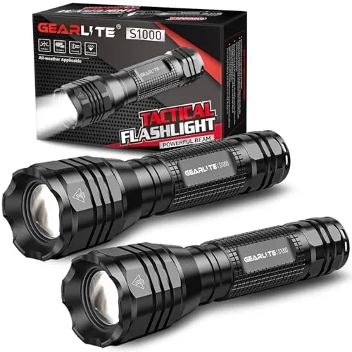 GEARLITE Linternas LED Alta Potencia Pilas, 2 Piezas Linterna Pequeña Potente de Aluminio de 4000 Lumenes con 5 Modos, Mini Linterna Impermeable IP65 con Zoom para Niños, Camping, Exteriores, Regalo