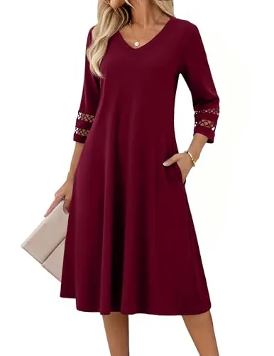 Zeagoo Vestido de Verano para Mujer Elegante Manga 3/4 Midi con Encaje | Túnica Vestidos A-Línea con Bolsillos Escote en V Tipo Blusa Casual Ligero y Elegante Rojo M