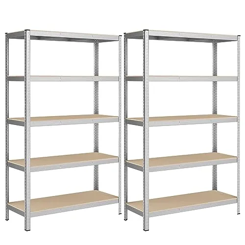 SONGMICS Juego de 2 Estanterías Pesadas, Montaje sin Tornillos | Estantería de Acero de 5 Niveles, Carga de 750 kg, Instrumentos, Garaje, Almacén, Trastero, 60 x 120 x 200 cm, Plata