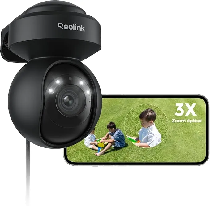 Reolink Cámara Vigilancia Exterior PTZ 4K, 2.4/5GHz Wi-Fi 6, Seguimiento Automático, Detección de Personas/Vehículos/Animales, 8MP Visión Nocturna en Color, Almacenamiento Local, E1 Outdoor Pro Negro