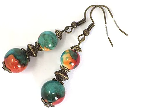 Estilo vintage Pendiente colgante perlas naturales jade blanco teñidos en azul, marrón y naranja