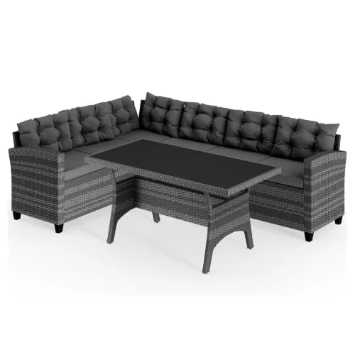 CASARIA® Conjunto Jardin Exterior Poliratán Comedor WPC Sillones Esquineros con Cojines Mesa 6 Personas Resistente Intemperie Muebles Salón Balcón Terraza Gris