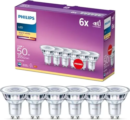 Philips - Bombilla LED cristal 50W, GU10, luz blanca cálida, transparente, no regulable, pack 6 [Clase de eficiencia energética F]