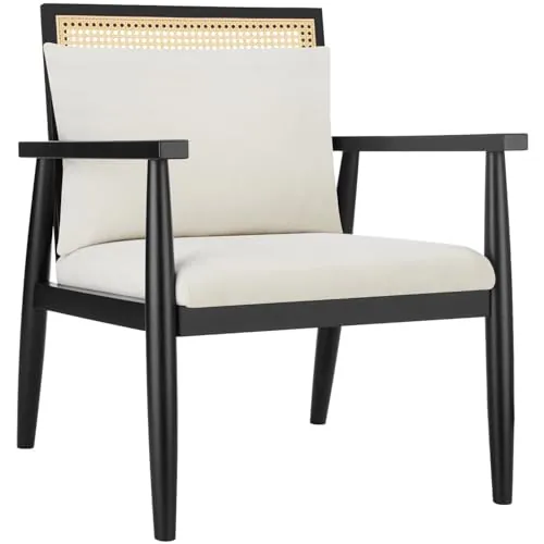 tectake® Sillón Vintage con Mimbre Vienés y Cojín Extraíble, Butaca de Salón con Reposabrazos y Gran Respaldo, Sillón Lectura, Sillón Relax de Fácil Montaje y Limpieza, Ideal Mueble Salón, Dormitorio