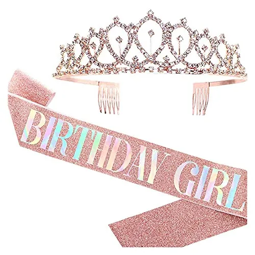PLABBDPL Corona de Cumpleaños,"Birthday Girl"Tiara Corona de Diamantes,Banda de Cumpleaños para Decoración de Fiesta de Cumpleaños Mujer (2 Piezas, Rosa)