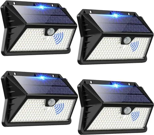 OUILA Luz Solar Exterior, 4 Paquete 185 LED 3 Modos Focos Solares Exterior con Sensor de Movimiento, IP65 Impermeable Lamparas Exterior para Jardín, Garaje, Calle, Patio, Caminos(Blanco Frío)