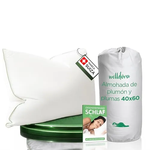 Welldora Almohada 40x60, Premium 3 Cámaras, Plumón & Plumas, Confort Suave