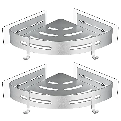 GRICOL Estante Ducha Sin Taladro Esquina Estanteria Baño con 4 Ganchos Metal Estantería Ducha Organizador Ducha 2 Piezas Plata