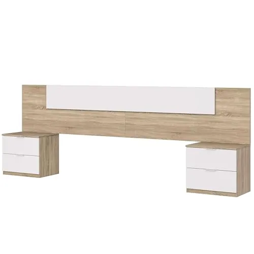 Habitdesign Cabezal + Dos Mesitas de Noche, Cabecero y Mesitas, Modelo Alaya, Acabado en Blanco Artik y Roble Canadian, Medidas: 247 cm (Ancho) x 50 cm (Alto) x 38 cm (Fondo)