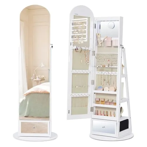 SONGMICS Armario Joyero Giratorio 360° con LED, Joyero de Cuerpo Entero, Cajón, Espejo Interior, Espejo de Aumento, Ganchos, Baldas, Blanco Nube JJC030WB01