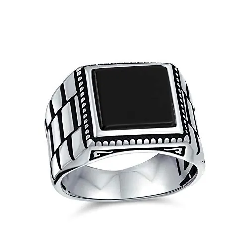 Bling Jewelry Retro Estilo De La Banda De Grabado Al Agua Fuerte Negro Onyx Anillo De Sello Cuadrado Para Los Hombres Pesados .925 Plata Esterlina Hecha A Mano En Turquía