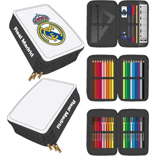 Plumier con Accesorios Giotto Real Madrid con Lápices, Rotuladores Y Bolígrafos | Estuche Escolar Triple para Fans del Fútbol