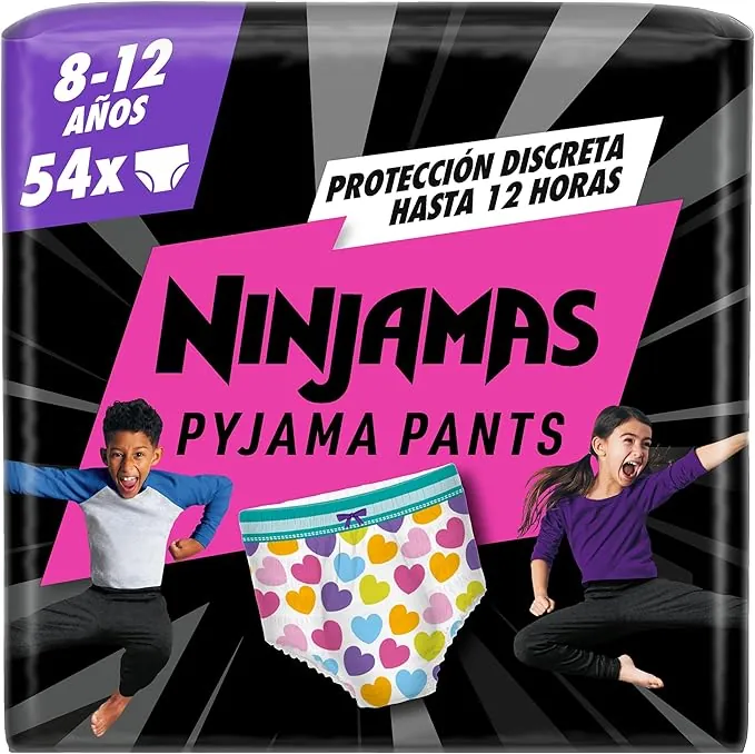 Dodot Pañal-Braguita Ninjamas, Talla 8-12 años (27-43 kg), 54 pañales tipo braguita, pañal noche con Corazones, Protección Contra Fugas Toda La Noche