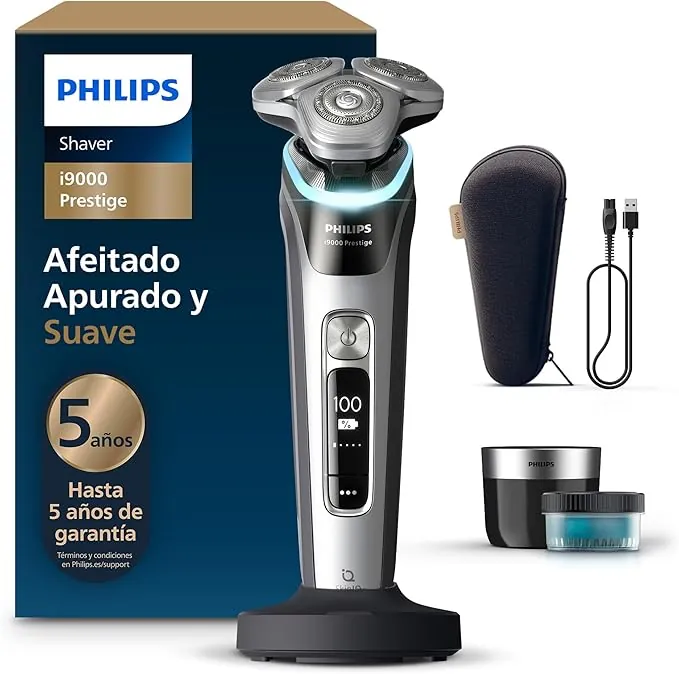 Philips i9000 Prestige, Afeitadora Eléctrica Hombre, Máquina de Afeitar Barba en Seco y Húmedo, Tecnología SkinIQ, Base de Carga, Recargable, Estuche de Viaje, Centro de limpieza, XP9205/30