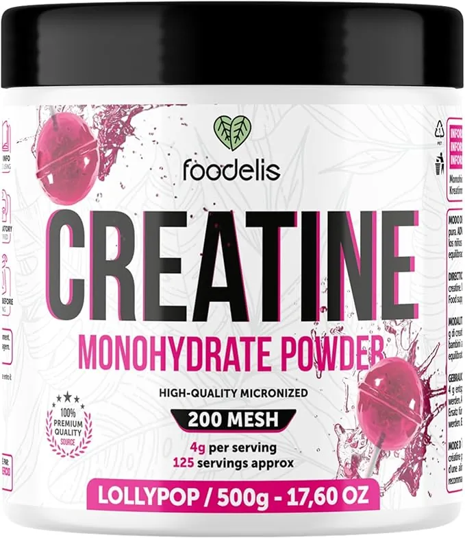 Foodelis Creatina Monohidratada en Polvo 500 g – Sabor Lollipop – 100% Creatina Micronizada – Alta Pureza – Sin Aditivos – Vegana – Alta Solubilidad – Incluye Dosificador