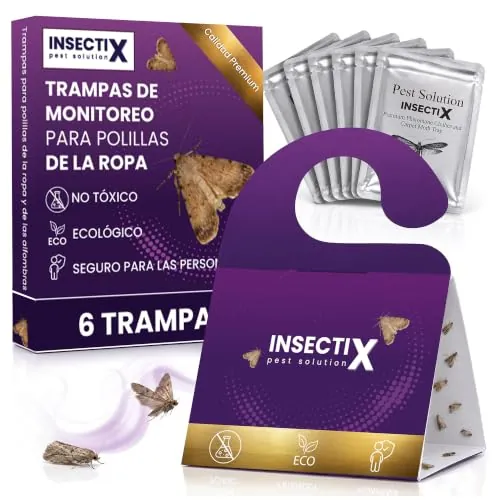 Trampas para Polillas de la Ropa (Pack 6) | Trampas Adhesivas de Feromonas para Armarios, Cajones & Alfombras | Detección de Polillas de Ropa & Alfombras | Protege Lana, Cachemira & Seda & No Tóxico